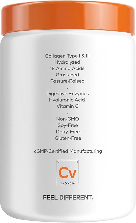 Codeage Collagen Peptides Powder, Vitamin C, Hyaluronic Acid, 10 oz | Hydrolyzed grass-fed collagen 20g, vitamin C, hyaluronic acid, digestive enzymes, 18 amino acids. Unflavored. Non-GMO.
