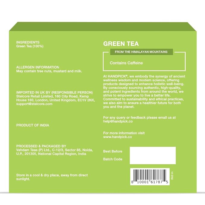 HANDPICK, Organic Green Tea Bags - 100 Eco-Friendly Tea Bags | USDA Organic | Resealable Pack for Freshness | Delicate & Flavory | Direct From India