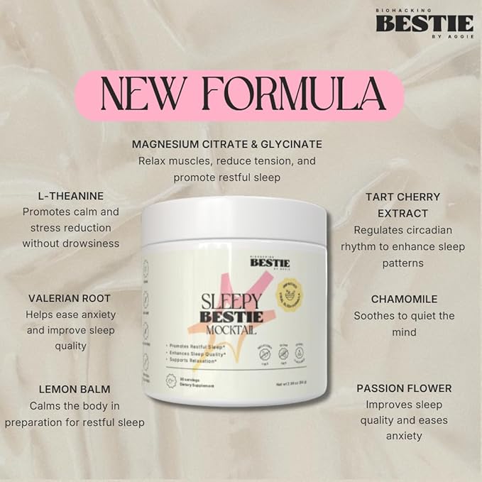 Sleepy Bestie Mocktail for Women & Men - Magnesium Citrate & Glycinate Powder for Sleep, Calm Support Supplement with L-Theanine & Tart Cherry Extract, Gluten Free - 2.96 oz