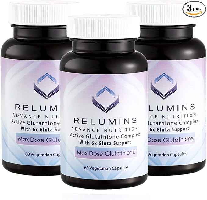 Relumins Advance White Active Glutathione Complex - Max Dose 900mg Glutathione with 6X Boosters, ALA & NAC - Spring Glow Essentials Anti-Aging Skin Brightening Supplement - 60 Caps x 3 Bottles