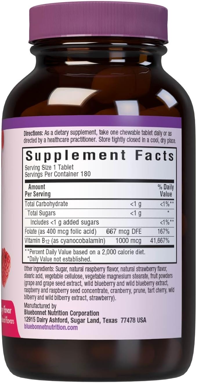 BlueBonnet Nutrition Earth Sweet Vitamin B12 & Folic Acid Chewable Tablets, Cream Raspberry 180 Count (Pack of 1)