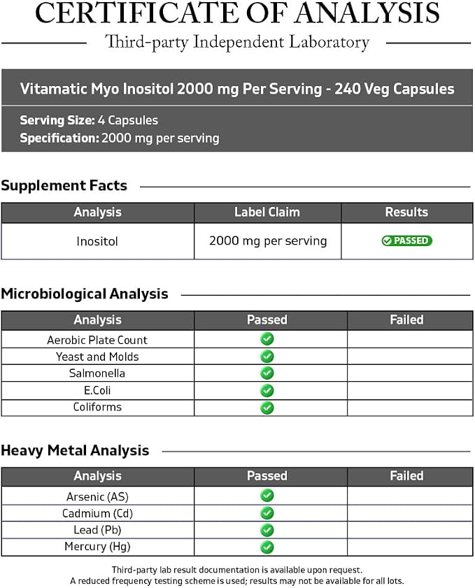Vitamatic Myo-Inositol 2000 mg Per Serving – 240 Vegetable Capsules – 60 Servings – Non-GMO, Gluten Free – Made in USA