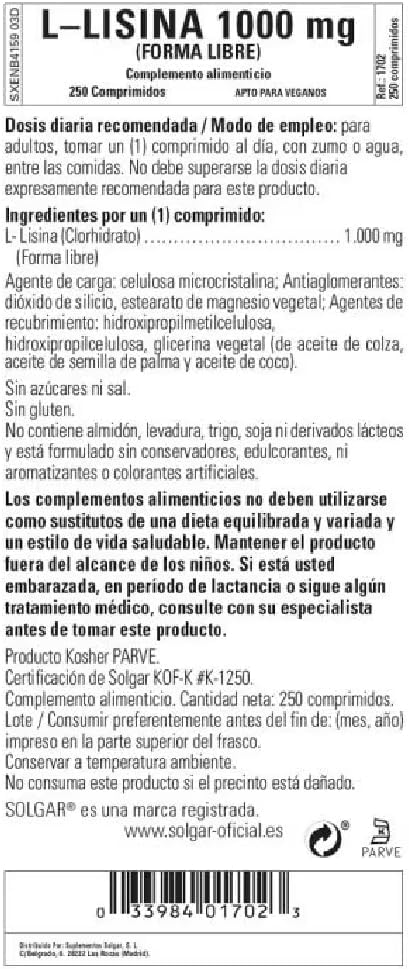 Solgar L-Lysine 1000 mg, 250 Tablets - Enhanced Absorption and Assimilation - Promotes Integrity of Skin and Lips - Collagen Support - Amino Acids - Non-GMO, Vegan, Gluten Free-250 Servings(Pack of 2)