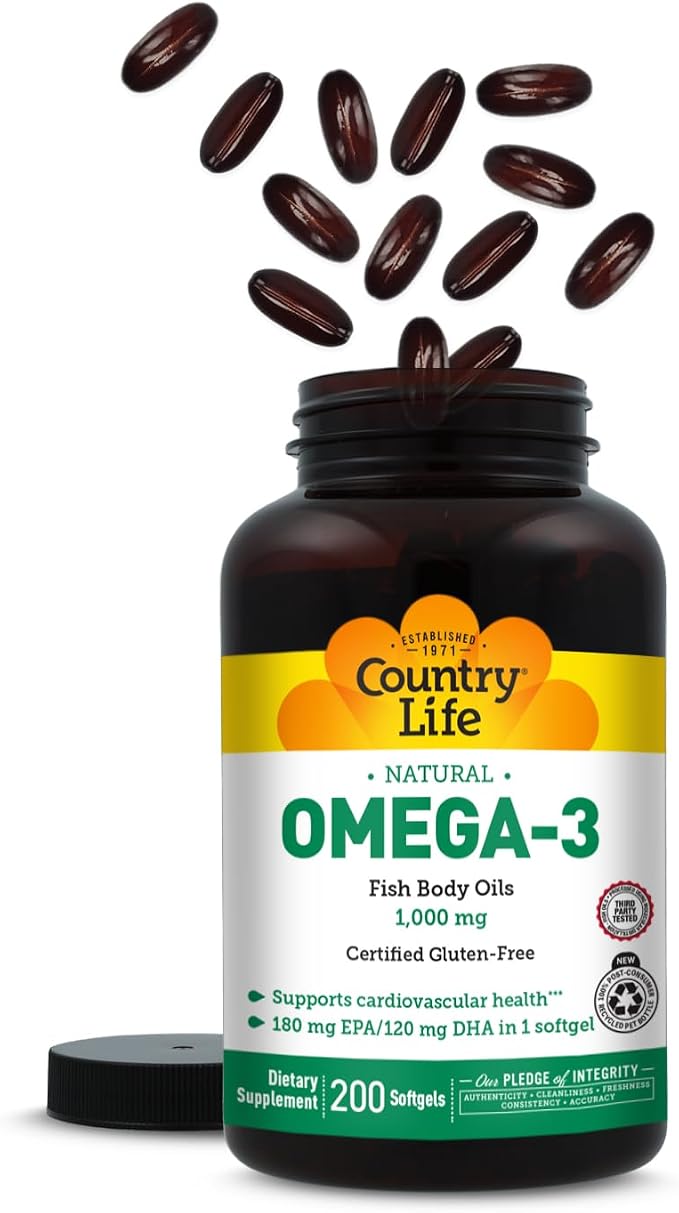 Country Life Omega-3 Fish Oil Supplement, 1000mg, 180mg EPA & 120mg DHA, Fish Oil Concentrate, Burpless, 200 Softgels, Certified Gluten Free