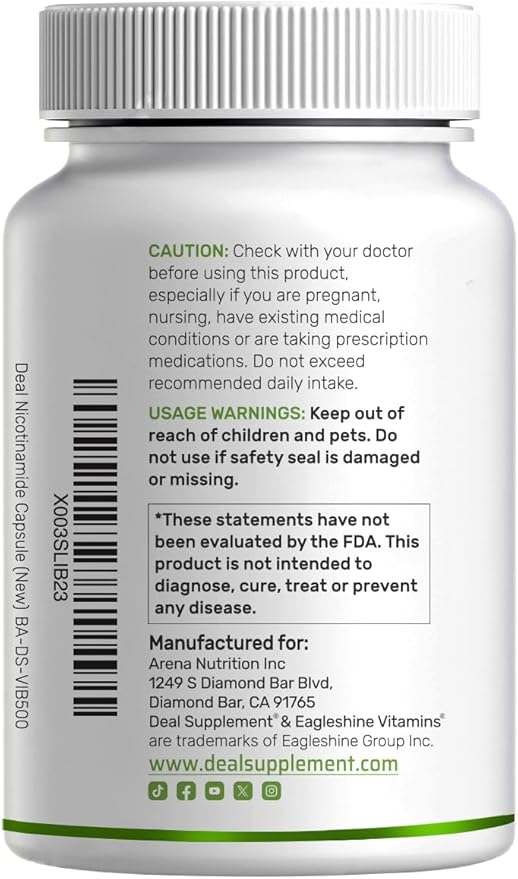 Vitamin B3 Nicotinamide 1,000mg Per Serving – 500 Capsules, Flush Free Niacin, Essential B3 – Supports Healthy Skin & Energy Production – Non-GMO