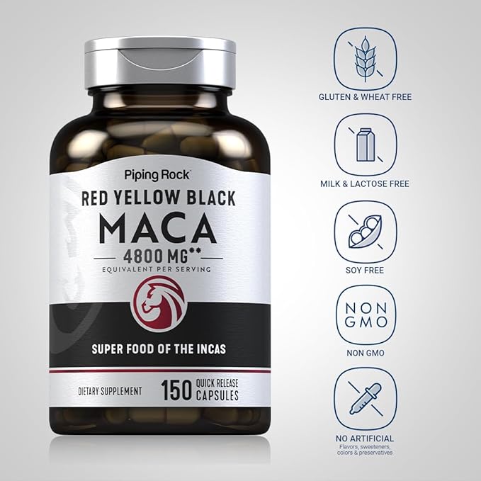Piping Rock Maca Root Capsules | 150 Powder Pills | for Women and Men | Red, Yellow, and Black | Non-GMO, Gluten Free Supplement