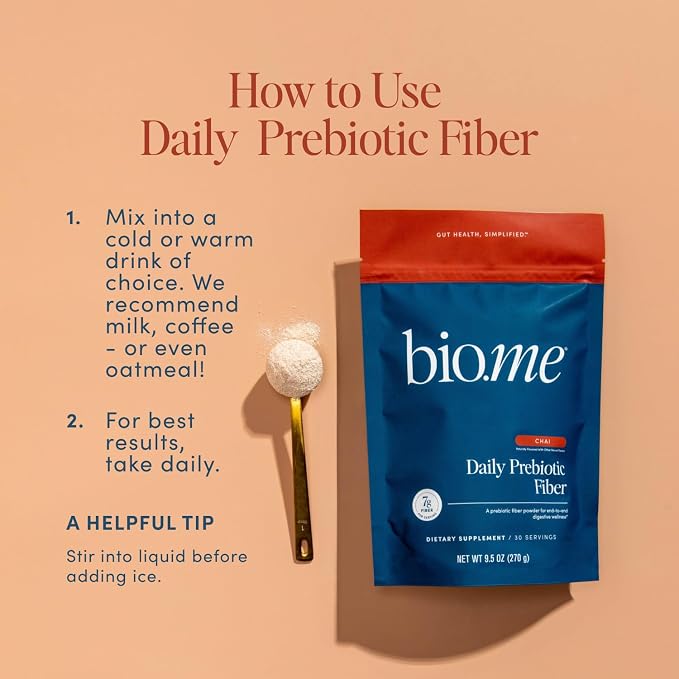 Bio.me Daily Prebiotic Fiber Powder Chai - 7g Per Serving - Soluble & Insoluble Fiber Supplement Powder for Women & Men - Digestive Health & Gut Health - GLP-1 Friendly, Sugar Free - 30 Servings