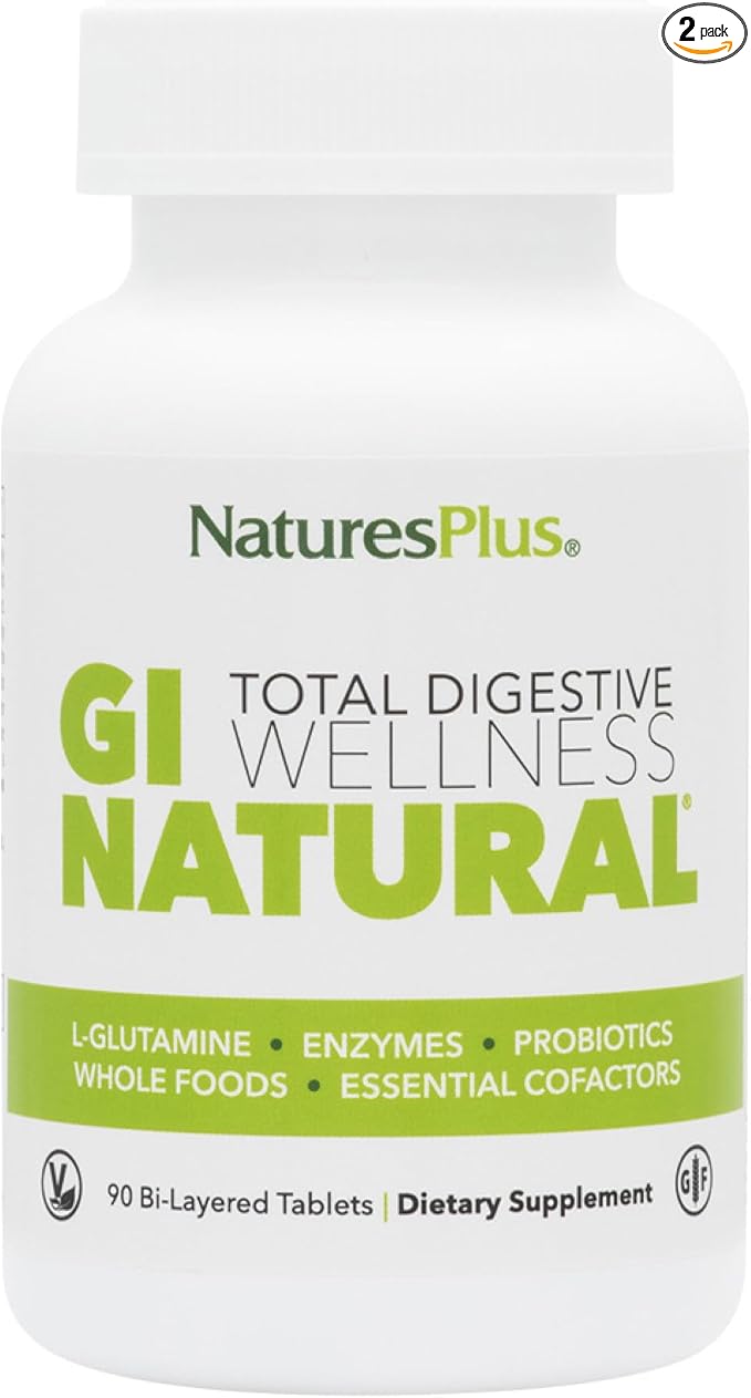 NaturesPlus GI Natural Total Digestive Wellness - 90 Bi-Layered Tablets, Pack of 2 - With L-Glutamine, Probiotics, Prebiotics & Enzymes - Gluten Free - 60 Total Servings