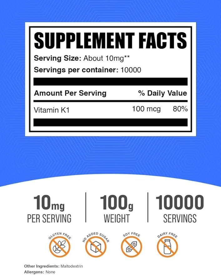 BulkSupplements.com Vitamin K1 Powder - Vitamin K1 Supplement for Bone and Heart Health Support - Gluten Free, 10mg per Serving, 100g (3.5 oz) (Pack of 1)