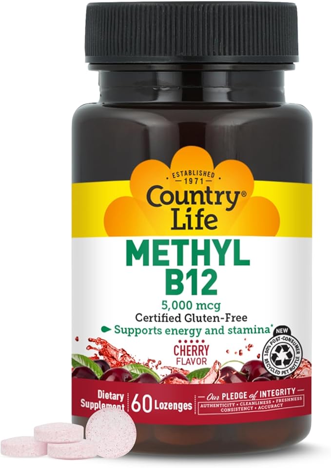 Country Life Methyl B12, Supports Energy & Stamina, 5,000mcg, 60 Lozenges, Certified Gluten Free, Certified Vegan, Certified Non-GMO Verified