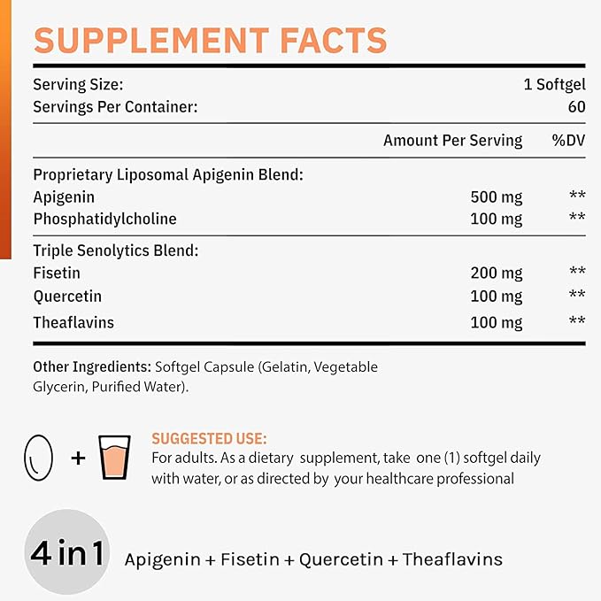 Liposomal apigenin 500mg Softgels - Optimal Apigenin Supplement with Fisetin, Quercetin and Theaflavins - 4 Month Supply