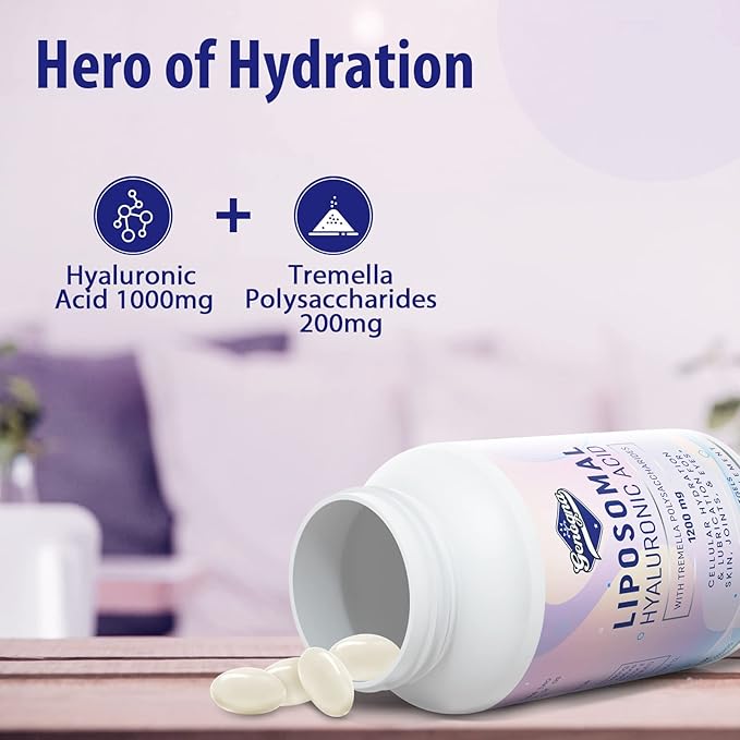 Liposomal Hyaluronic Acid Supplements 1000mg-High Bioavailable Dietary Hyaluronic Acid Capsules with Tremella Polysaccharides,Double Strength Skin Hydration,Joint Lubrication,1Pack