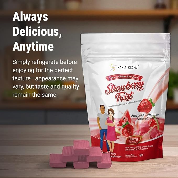 BariatricPal Sugar-Free Calcium Citrate Soft Chews | 500mg with Vitamin D & Probiotics | Strawberry Twist | 90 Count (1 Month Supply)