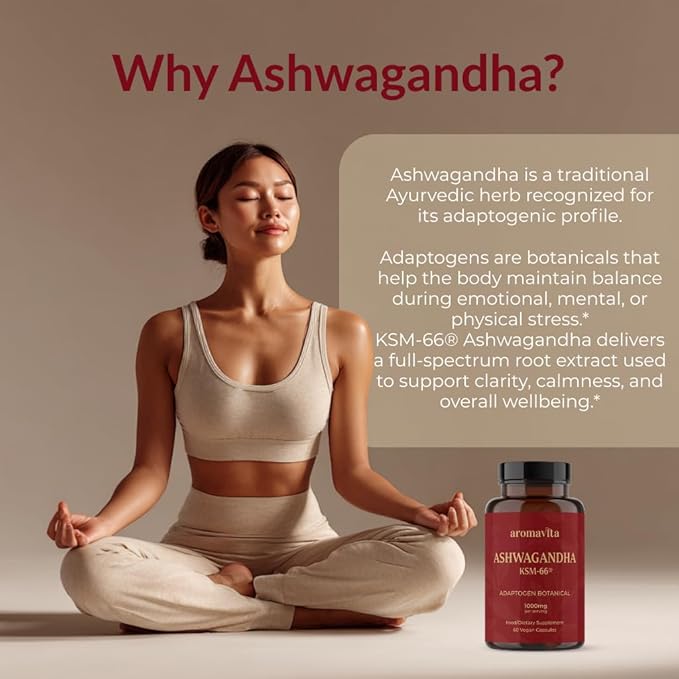 Ashwagandha Capsules – KSM-66® 1000mg Daily Dose – Pure Organic Root Powder Extract Ayurvedic Supplement - Stress Relief & Sleep Support Supplement - Supports Balanced Energy Levels.