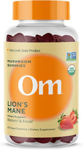 OM MUSHROOM SUPERFOOD Lion’s Mane Mushroom Gummies – USA Grown Organic Lion’s Mane – Supports Memory, Focus & Cognitive Health – Strawberry Flavor – 30 Servings, 60 Count.