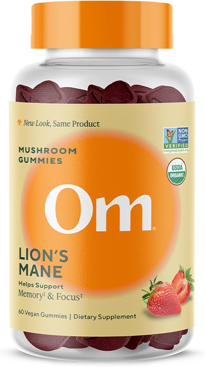 OM MUSHROOM SUPERFOOD Lion’s Mane Mushroom Gummies – USA Grown Organic Lion’s Mane – Supports Memory, Focus & Cognitive Health – Strawberry Flavor – 30 Servings, 60 Count.