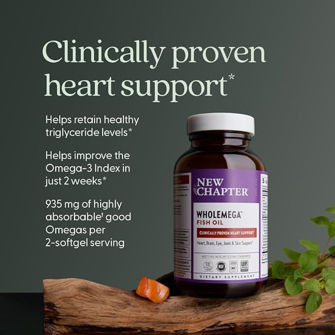 New Chapter Wholemega Fish Oil Supplement - 2000mg per Serving, Clinically Proven Wild Alaskan Salmon Oil with Omega-3 + Vitamin D3 + Astaxanthin, 120 Softgels