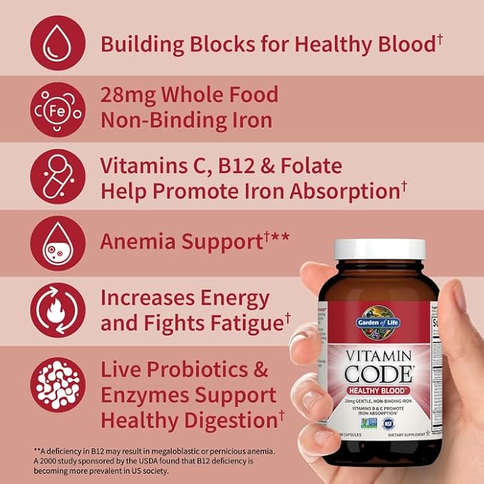 Garden of Life Vitamin Code Healthy Blood - Iron Supplement for Women, 60 Vegan Capsules, with Vitamins B, C, Trace Minerals, Fruit Veggies, Probiotics - for Energy and Anemia Support (Pack of 6)