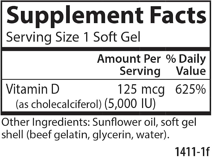 Carlson - Vitamin D3 5000 IU (125 mcg), Bone Health, Muscle Health, Cholecalciferol, Vitamin D Supplements, Vitamin D3 Soft Gels, 120 Softgels