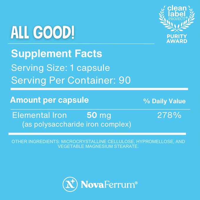 NovaFerrum All Good | Iron Capsule Supplements for Adults | Anemia | 50mg of Iron | 90 Servings | Sugar Free | Vegan | Gluten Free (Pack of 2)