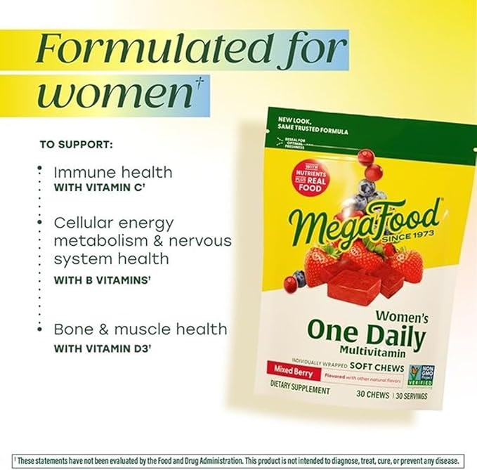 MegaFood Multivitamin for Women, One Daily Multivitamins, Soft Chews with Folate, Methylated B12, Vitamin B6, Biotin, Vitamin D3, C & A - Mixed Berry Flavor - Vegetarian, Non-GMO - 30 Chews