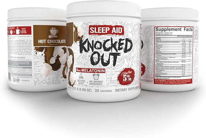 5% Nutrition Rich Piana Knocked Out Natural Sleep Aid | Post-Workout Recovery & Deep Sleep Supplement | GABA, Melatonin, Chamomile, Tyrosine, 5-HTP, & More | 8.4 oz, 30 Servings (Hot Chocolate)