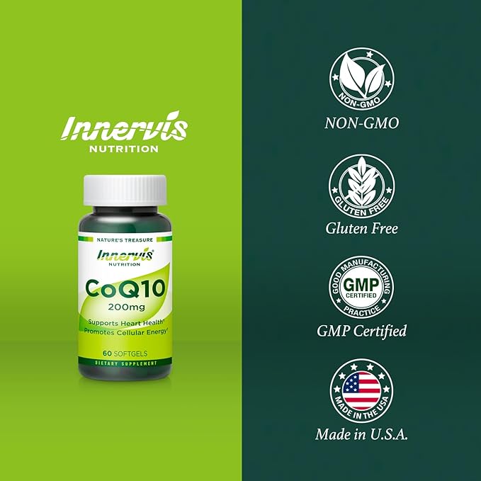 High Absorption CoQ10 200mg Softgels for Heart Health & Energy Metabolism - Potent Antioxidant Supplement for Statin Users - 30 Day Supply by Innervis Nutrition