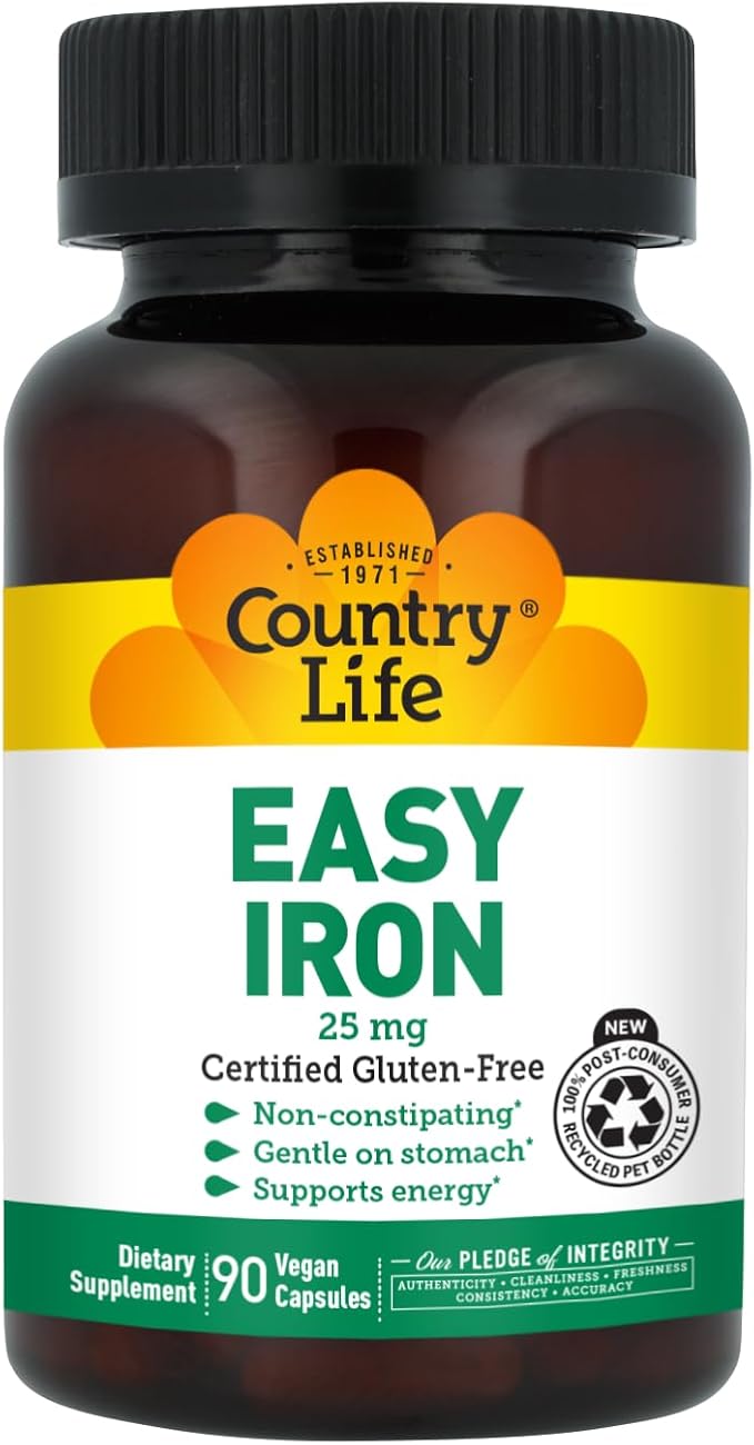 Country Life Easy Iron 25 mg | Gentle, Non-Constipating Iron Supplement | Supports Energy & Red Blood Cell Production | Certified Gluten-Free & Vegan | 90 Vegan Capsules