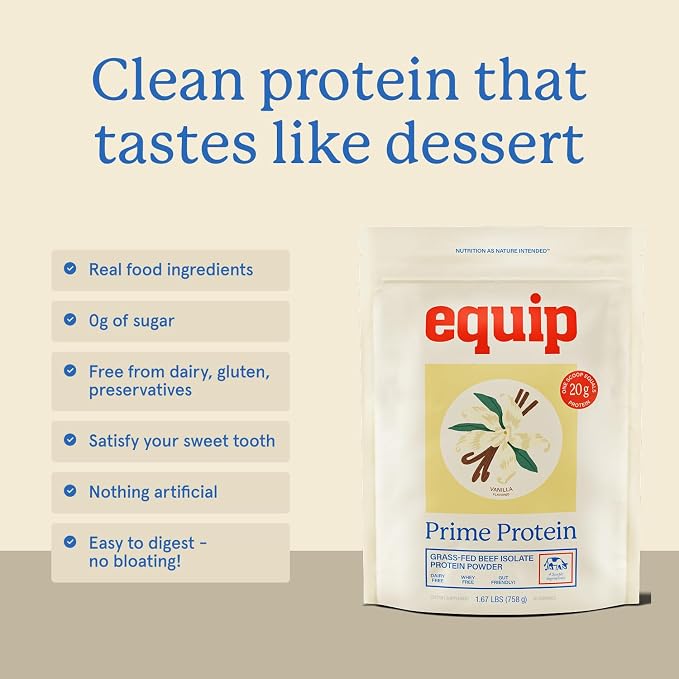 Equip Foods Prime Protein Powder | Clean, Grass Fed Beef Protein Powder | Carnivore Protein Isolate, Keto Friendly | Gluten & Dairy Free | Helps Build & Repair Tissue | 30 Servings, Vanilla (No Sugar)