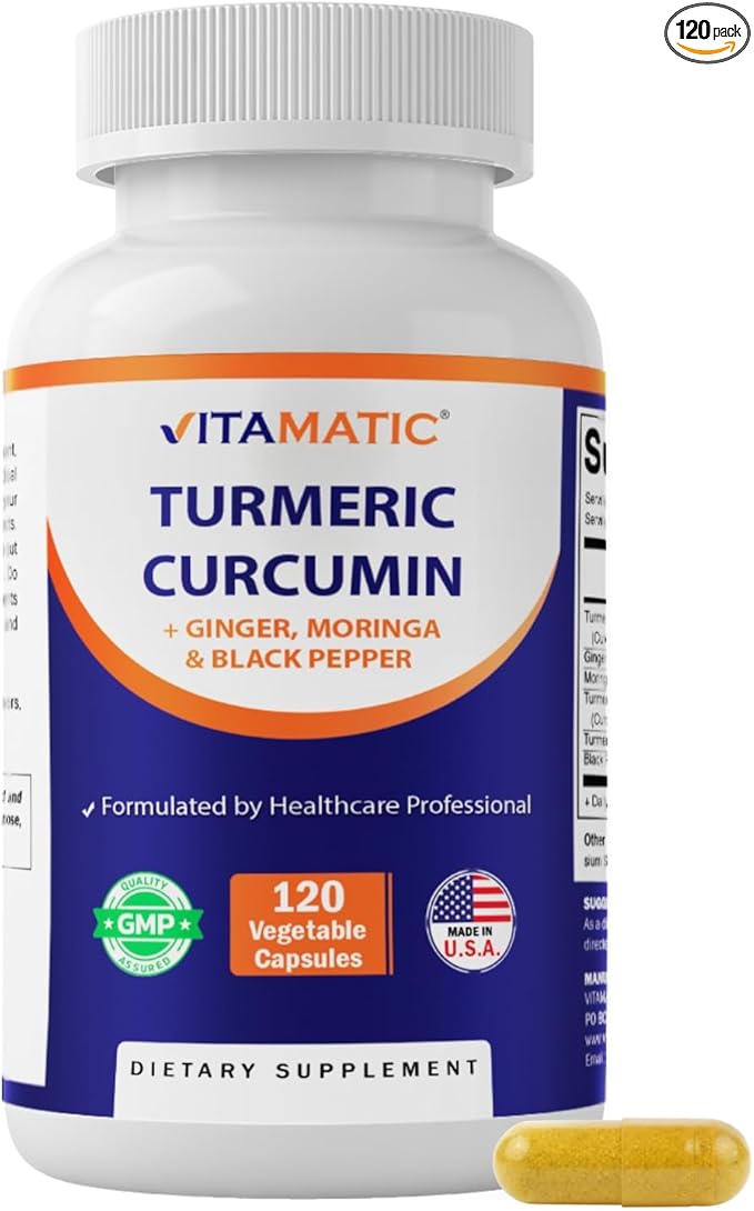 Vitamatic Turmeric Curcumin 10:1 Extract 290 mg – Plant-Based Botanical Extract with Black Pepper 5mg, Ginger 50mg & Moringa 500 mg – Vegetarian, Non-GMO, Gluten-Free – 120 Capsules