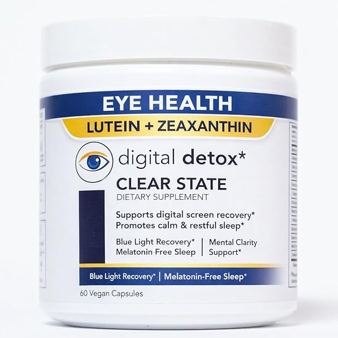 CLEAR STATE Eye Health Supplement for Screen Fatigue & Eye Strain – Lutein, Zeaxanthin, Astaxanthin, Bilberry Formula – Blue Light Digital Detox Eye Vitamins with L-Theanine – Vegan, Melatonin Free