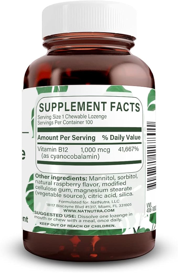 Natural Nutra Vitamin B12 Supplement, Helps to Increase Energy Levels, Essential for Healthy Nervous System, Helps to Improve Mood & Mental Health, Supports Cardiovascular System, 100 Lozenges
