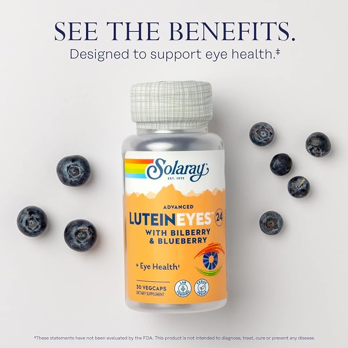 SOLARAY Advanced Lutein Eyes 24mg with Bilberry Extract and Blueberry Extract, Eye & Macular Health Support Supplement Supplying Zeaxanthin from Marigold, Vegan, 30 Servings, 30 VegCaps