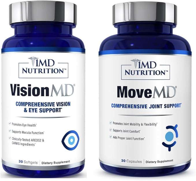 1MD Nutrition MoveMD & VisionMD Joint Support & Eye Care - Collagen, Hyaluronic Acid, Astaxanthin, OptiLut Lutein, Zeaxanthin