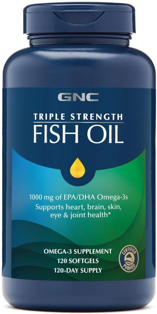 GNC Triple Strength Fish Oil Omega 3 Supplement, 1000mg EPA and DHA, Supports Heart, Brain, Skin, Eye and Joint Health, Burpless, Ultra Concentrated, High Potency, Wild Caught, 120 Softgels