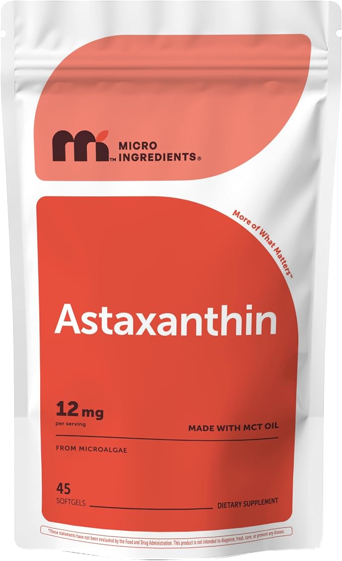 Micro Ingredients Astaxanthin 12mg with MCT Oil, 45 Softgels | Premium Astaxanthin Antioxidant Supplements* | Fresh Microalgae Source | Triple Strength, Non-GMO, Gluten Free, No Soy