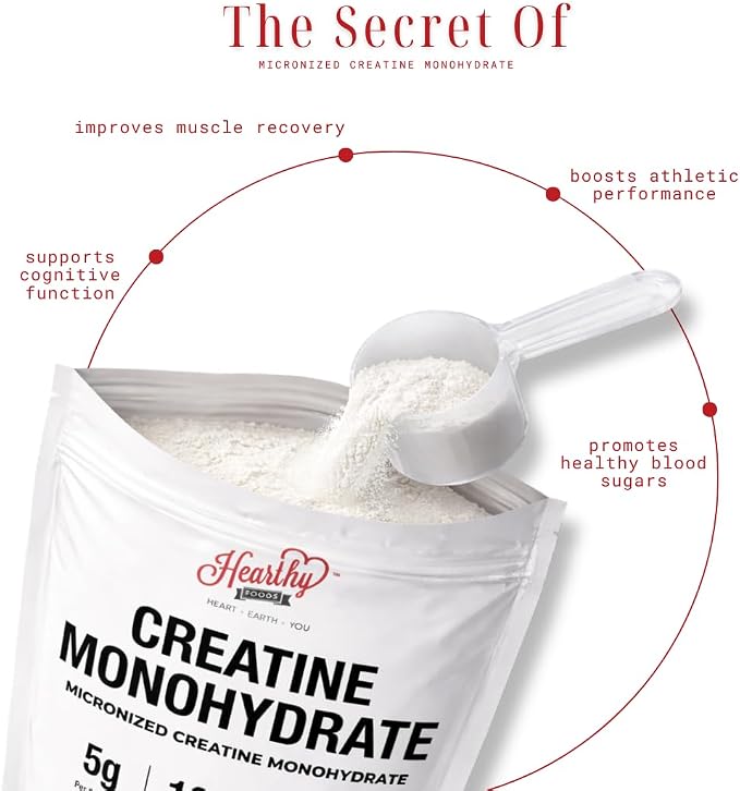 HEARTHY FOODS Creatine Monohydrate Micronized Powder 500G - 100 Servings, 5000mg Per Serving (5g) - for Men & Women Muscle Growth & Recovery - UNFLAVORED