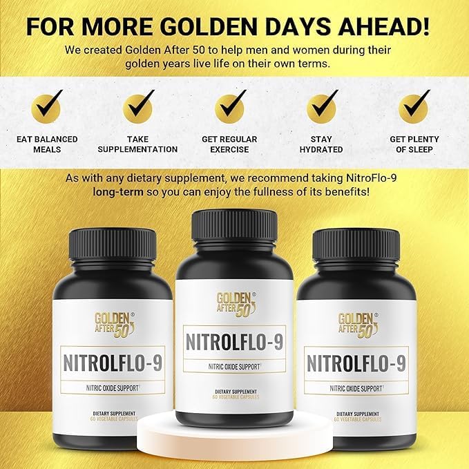 Golden After 50 NitrolFlo-9 - Nature-Powered Nitric Oxide Supplement with Pomegranate Extract, Grape Seed, and S7 - Supports Nutrient Circulation and Optimal Energy - 6 Bottles