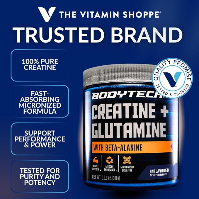 BodyTech Creatine + Glutamine with Beta Alanine Powder, Supports Training & Recovery, Pre Workout & Post Workout Supplement for Men & Women, Unflavored, Gluten Free, 10.8 Oz, 30 Servings