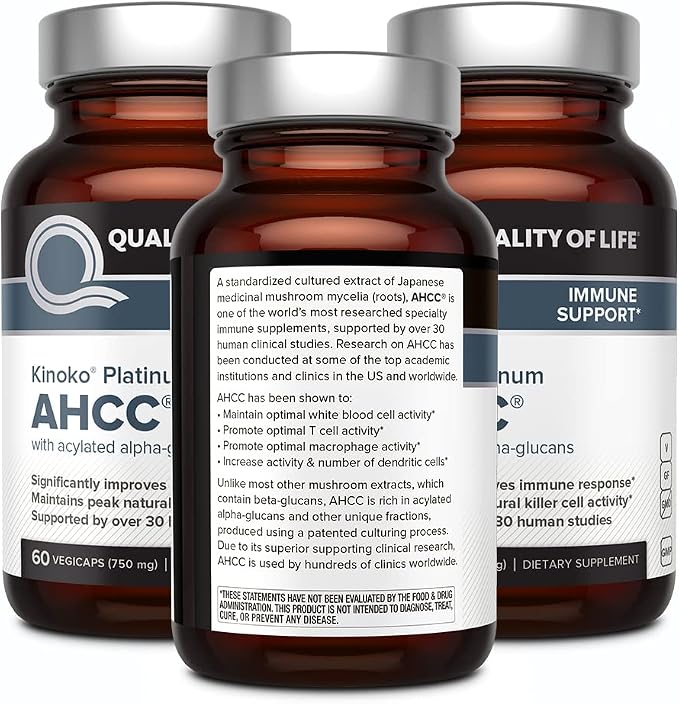 Quality of Life AHCC Kinoko Platinum 750 mg – Premium Immune Support Supplement, Pack of 3-60 Count Bottles