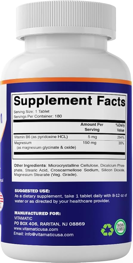 Vitamatic Magnesium with B6-180 Vegetarian Tablets (Uncoated) - Added B6 for Maximum Absorption - Supports Muscle, Joint, and Heart Health