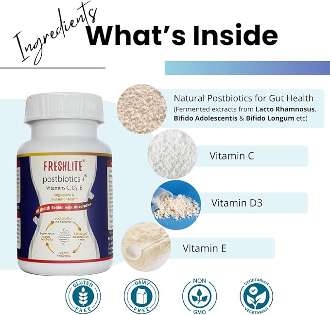 FRESHLITE Premium Vegan Postbiotics for Gut Health | IBS. Diarrhea. Bloating | Advanced Postbiotics Formula Beyond Pre & Probiotics | Vitamin C, D3 & E | Non-GMO, Gluten-Free, 60 Capsules Japan Made