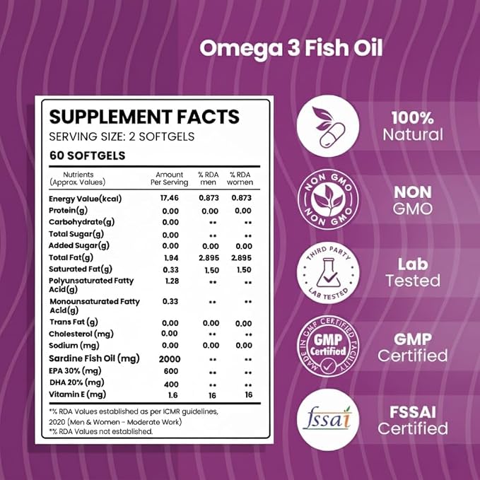 Omega 3 Fish Oil | Omega 3 Fish Oil Capsules for Women and Men | Triple Strength Fish Oil | Burpless, EPA 600 - DHA 400 Supplement, 60 Softgel Capsules