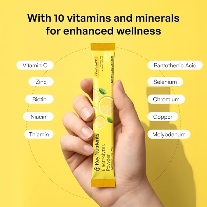 KEY NUTRIENTS Electrolytes Powder Packets - Multivitamin Lemonade 20 Pack Hydration Packets - Travel Hydration Powder - Improved Refreshing Taste - Made in USA - No Sugar, No Calories, Gluten Free