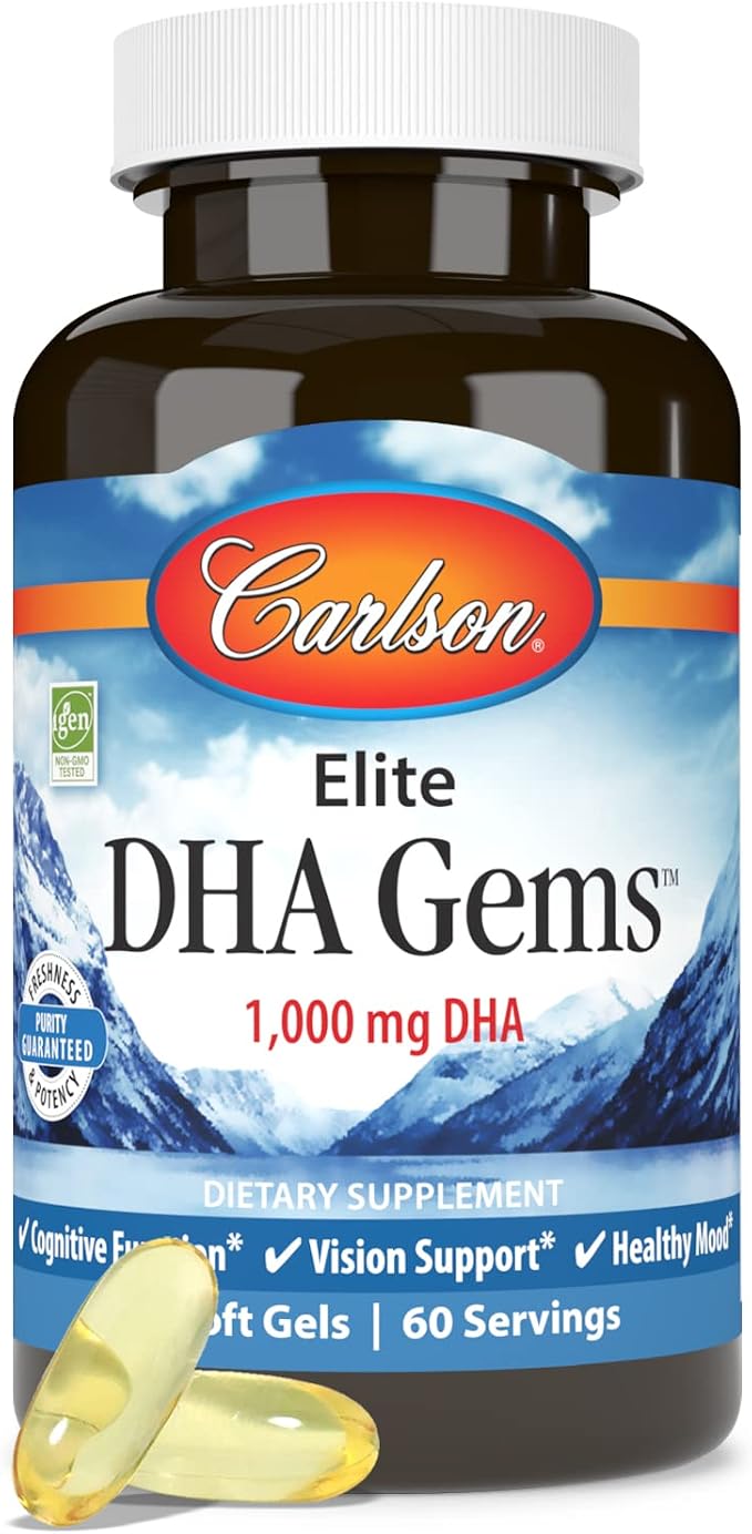 Carlson - Elite DHA Gems, 1000 mg DHA, Wild Caught, Sustainably Sourced, Brain Function & Healthy Vision, 60 Softgels