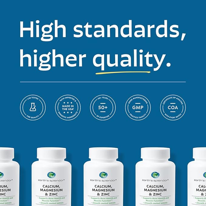 Earth's Splendor 1000 mg Calcium, 400 mg Magnesium, and 15 mg Zinc, Heart and Immune System Health, Bone and Muscle Support Supplement, 100 Tablets 1 + Month Supply