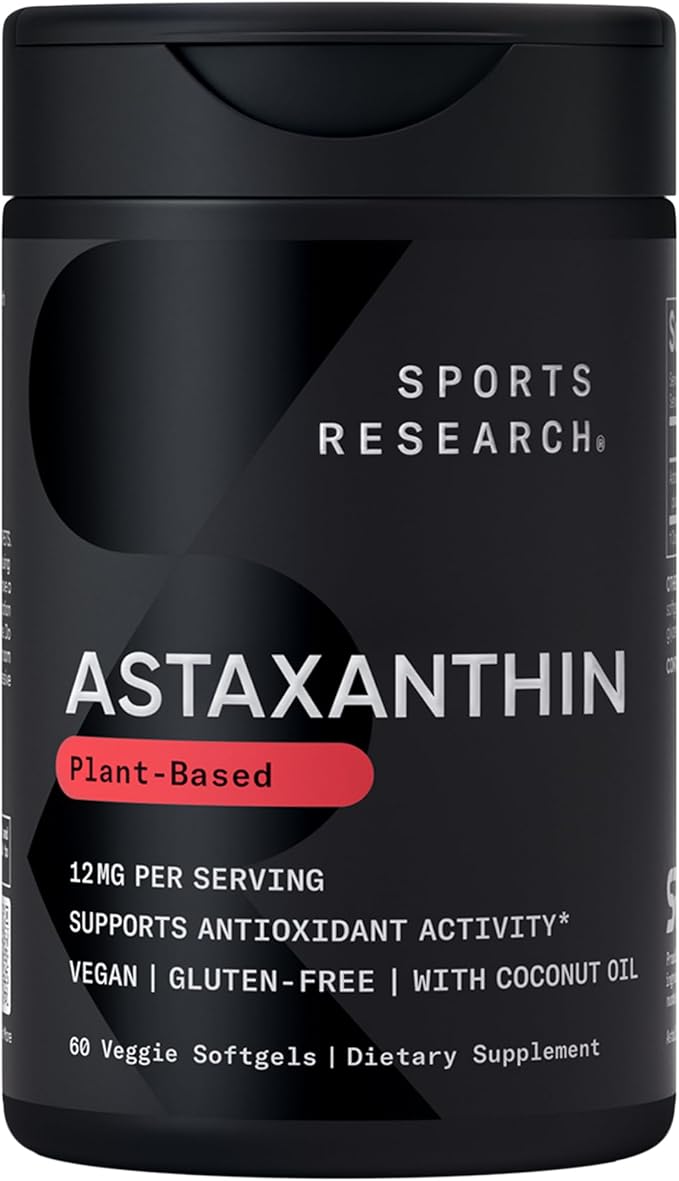 Sports Research Triple Strength Vegan Astaxanthin Supplement from Algae - Plant Based Softgels for Antioxidant Activity, Skin & Eye Health - Non-GMO Verified, Made with Coconut Oil - 12mg, 60 Count