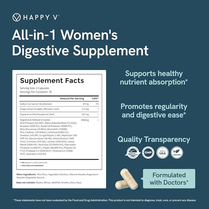 Happy V Debloat + Digest – Digestive Enzymes for Women to Support Bloating, Gas, Constipation, Gut Health, and Nutrient Absorption – Stomach Comfort & Digestion Support Supplement – 60 Vegan Capsules