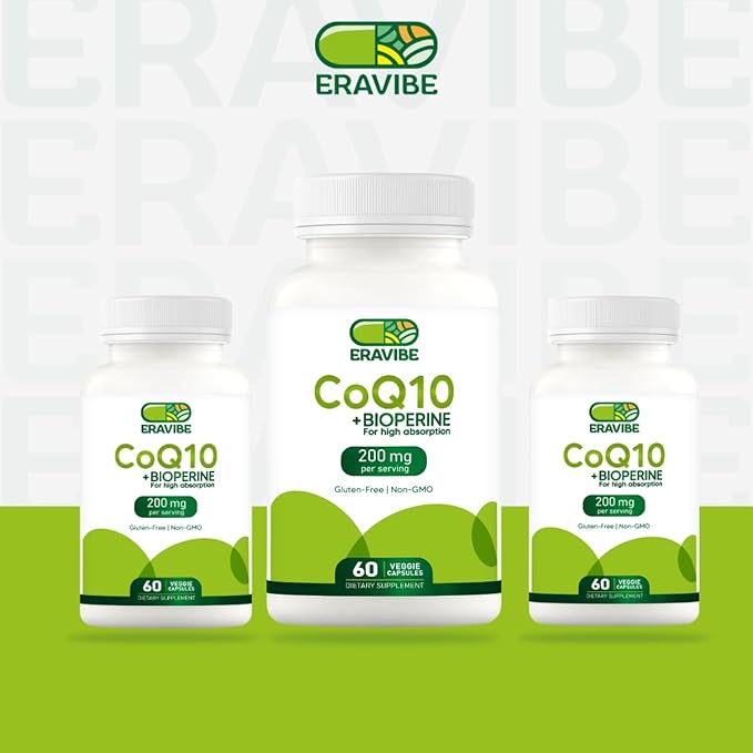 Pure CoQ10 Energy Support High Absorption with Bioperine, 200 mg per Serving, 60 Veggie Capsules, Gluten-Free, Non-GMO