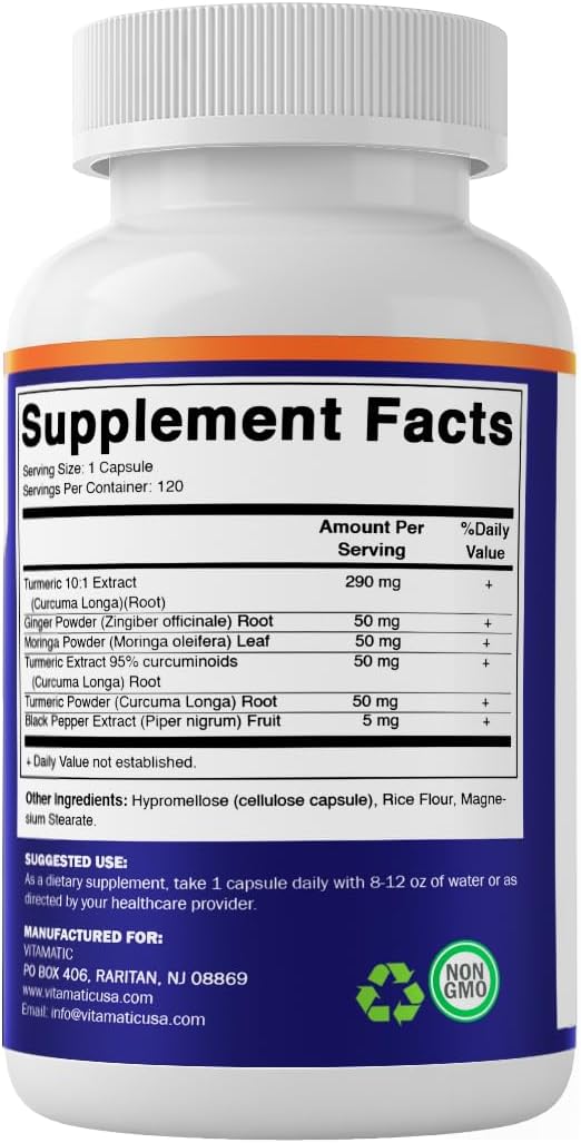 Vitamatic Turmeric Curcumin 10:1 Extract 290 mg – Plant-Based Botanical Extract with Black Pepper 5mg, Ginger 50mg & Moringa 500 mg – Vegetarian, Non-GMO, Gluten-Free – 120 Capsules